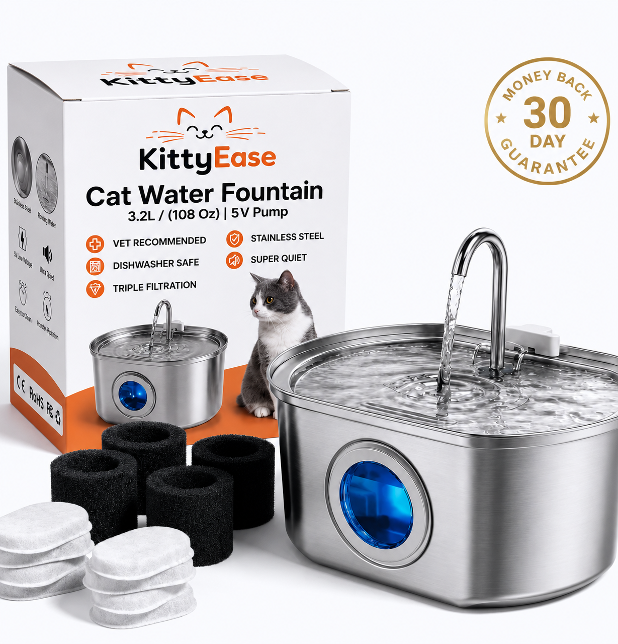 Kittyease UV-Sterilizing Cat Water Fountain — 3.2L Stainless Steel
